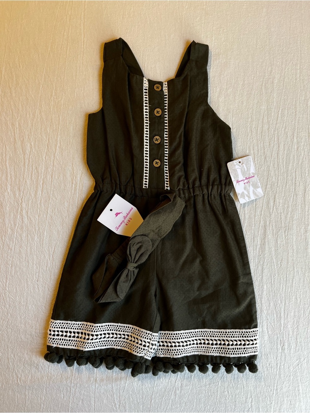 NWT Tommy Bahama Girls 12mo Romper Olive Green Crochet Trim Pom Pom Headband